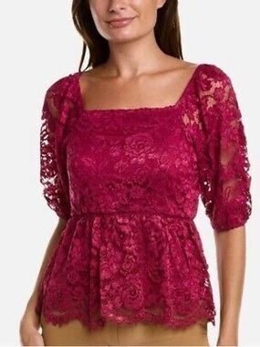 Nanette Lepore Fuchsia Lace Peplum Blouse